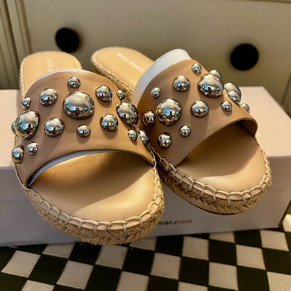 Marc Fisher Tan Beira slides with Silver Studs